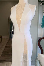 White Halter Open Back Mermaid Long Wedding Dresses V-Neck