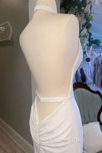 White Halter Open Back Mermaid Long Wedding Dresses V Neck
