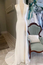 White Halter Open Back Mermaid Long Wedding Dresses V-Neck