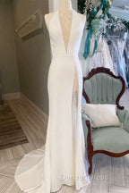 White Halter Open Back Mermaid Long Wedding Dresses V Neck