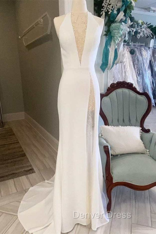 White Halter Open Back Mermaid Long Wedding Dresses V Neck