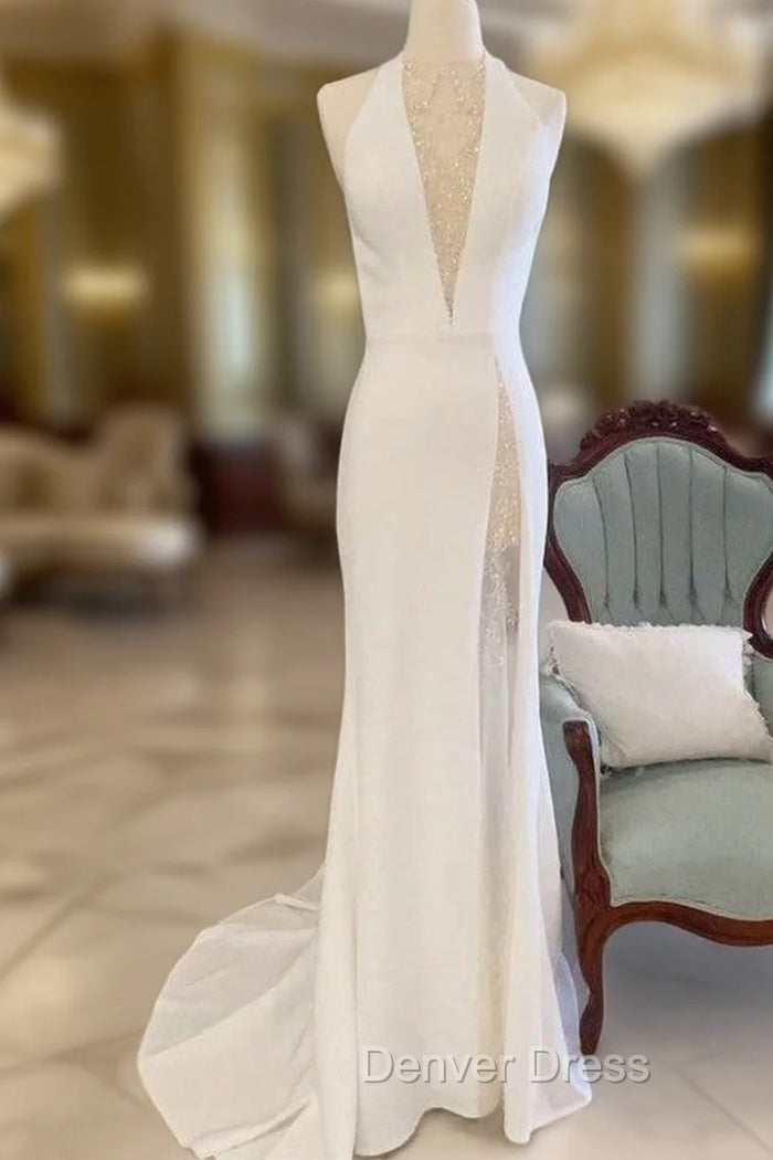 White Halter Open Back Mermaid Long Wedding Dresses V Neck Main image
