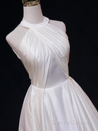 White Halter Simple Satin Backless Long Weddign Party Dresses, White Long Formal Dresses