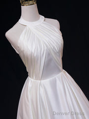 White Halter Simple Satin Backless Long Weddign Party Dress, White Long Formal Dress