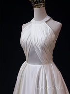 White Halter Simple Satin Backless Long Weddign Prom Dress, White Long Prom Dresses