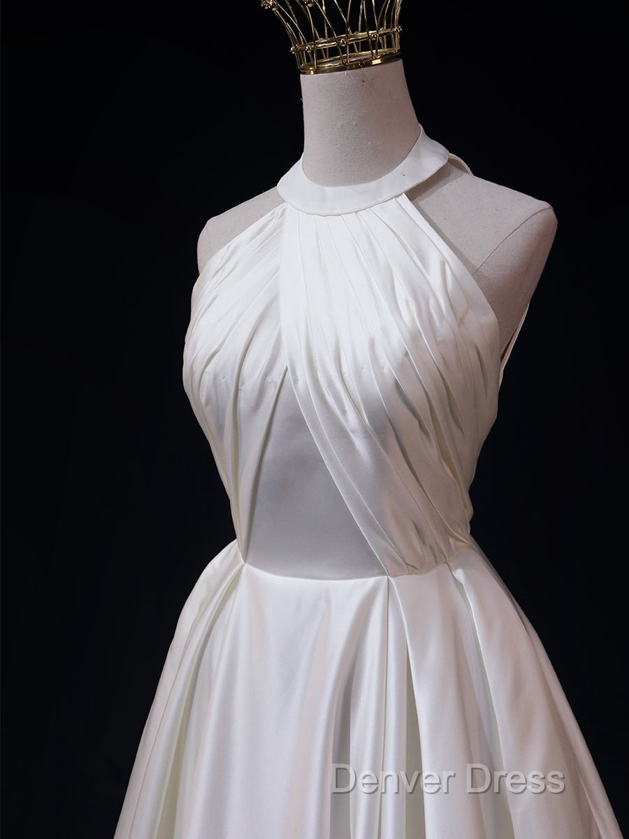 White Halter Simple Satin Backless Long Weddign Prom Dress, White Long Prom Dresses