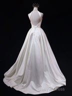 White Halter Simple Satin Backless Long Weddign Party Dresses, White Long Formal Dresses