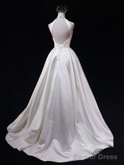 White Halter Simple Satin Backless Long Weddign Party Dress, White Long Formal Dress