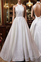 White Halter Simple Satin Backless Long Weddign Party Dresses, White Long Formal Dresses
