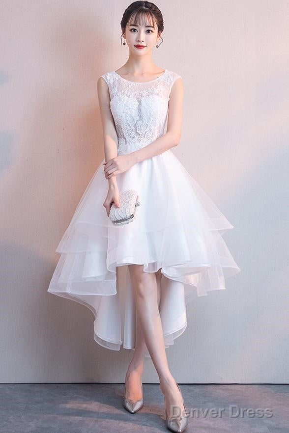 White High Low Graduation Dress , Tulle And Lace Prom Dresses