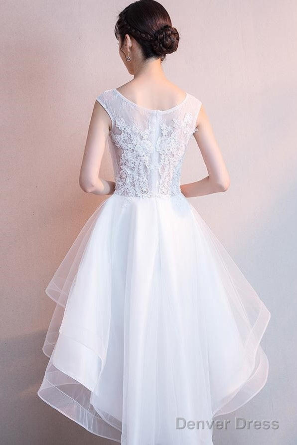 White High Low Graduation Dress , Tulle And Lace Prom Dresses
