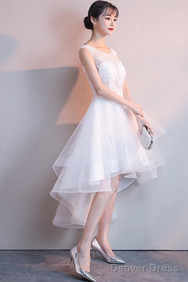 White High Low Graduation Dress , Tulle And Lace Prom Dresses