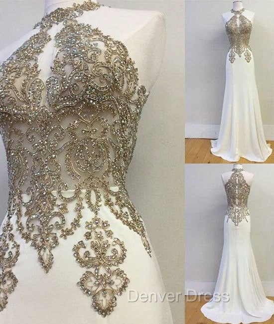 White High Neck Lace Applique Long Prom Dress Main image
