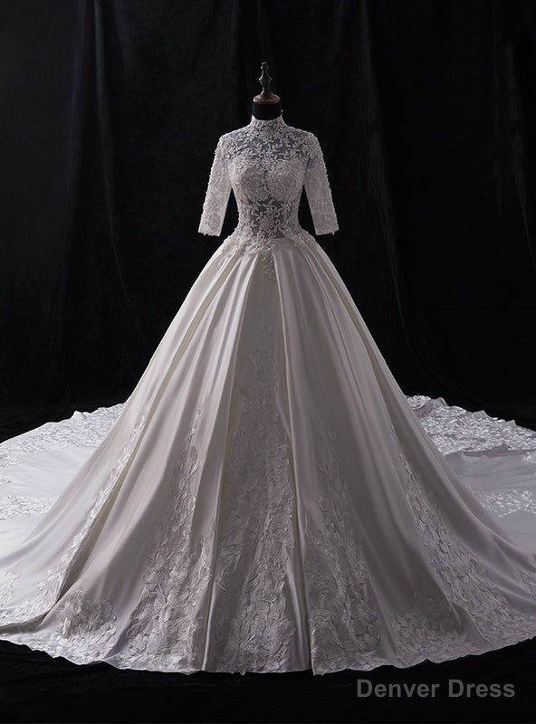 White High Neck Satin Appliques Beading Half Sleeve Wedding Dresses