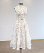 White High Neck Tulle Lace Prom Dress, Lace Formal Party Dress