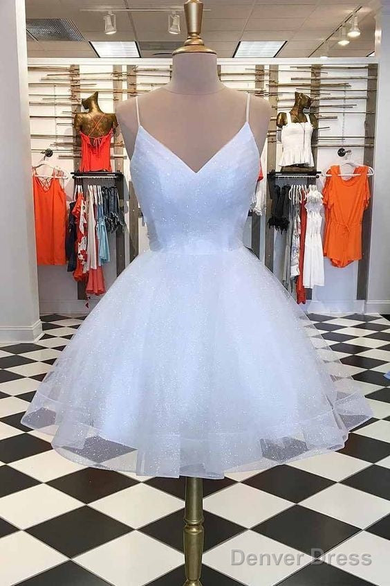 White Homecoming Dress Spaghetti-Straps V Neck Short Homecoming Dresses