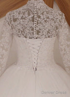 White/Ivory Long Sleeve Lace Muslim Wedding Dress Uk High Neck Bridal Gown