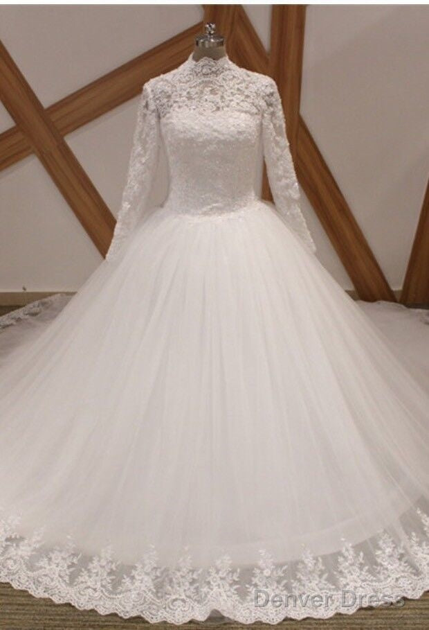 White/Ivory Long Sleeve Lace Muslim Wedding Dress Uk High Neck Bridal Gown Main image
