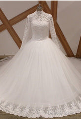 White/Ivory Long Sleeve Lace Muslim Wedding Dress Uk High Neck Bridal Gown