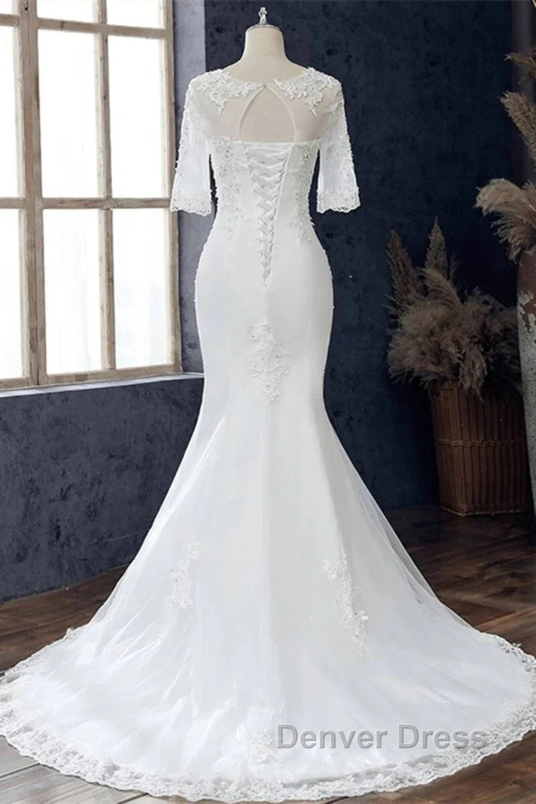 White Jewel Half Sleeve Mermaid Wedding Dresses Secondary image