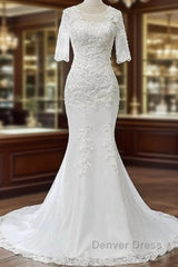 White Jewel Half Sleeve Mermaid Wedding Dresses