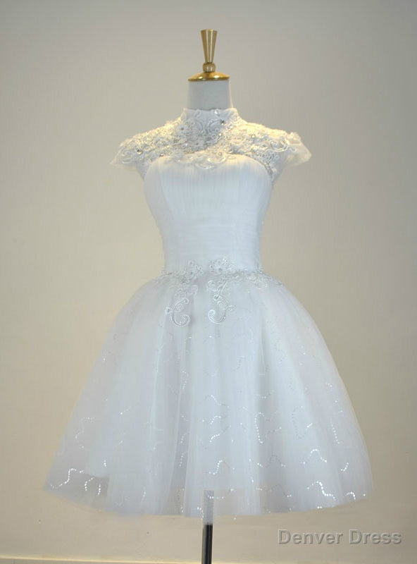 White Knee Length Cap Sleeve Tulle Short Wedding Dress