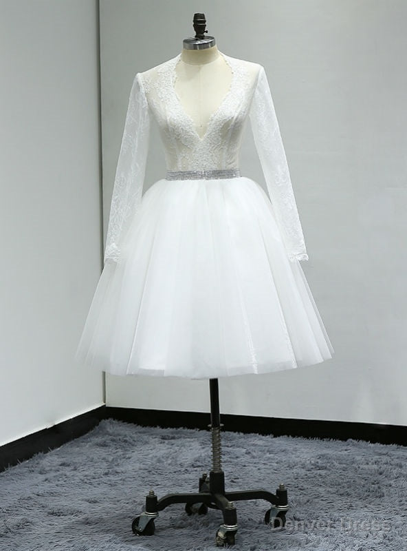 White Knee Length Turkey Lace Long Sleeve Short Wedding Dress Main image