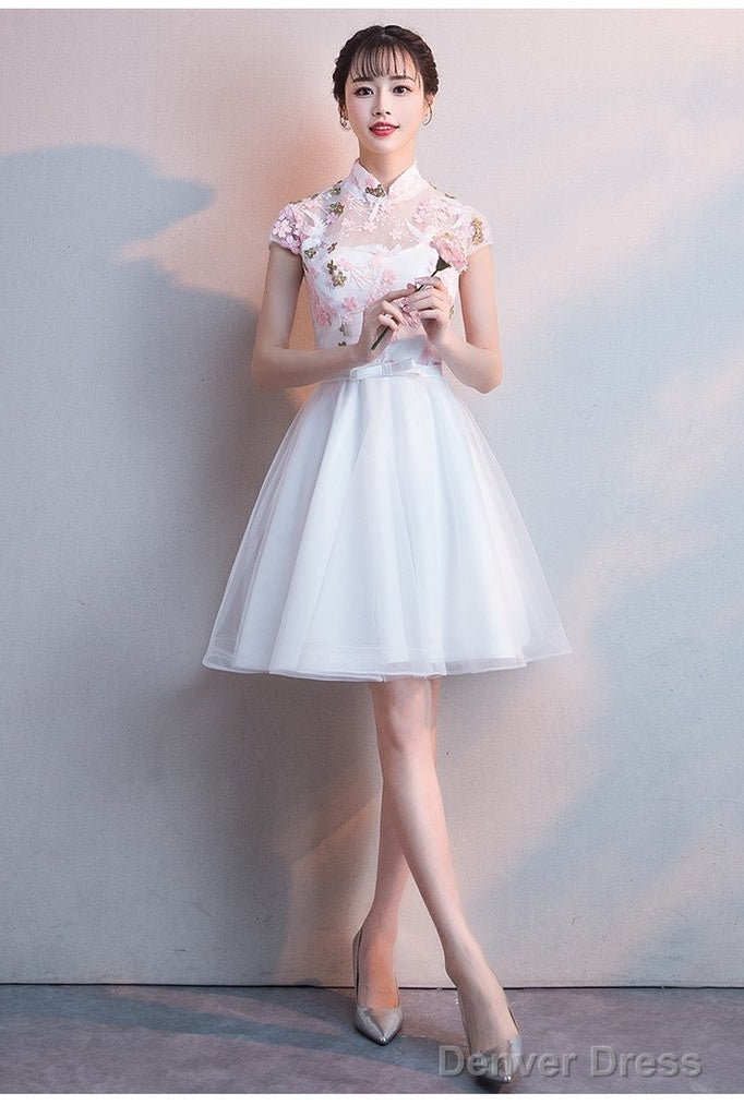 White Lace And Tulle High Neckline Short Graduation Dress, Lovely White Short Homecoming Dresses Main image