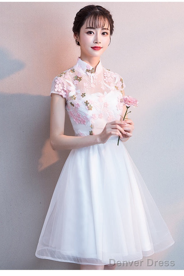 White Lace And Tulle High Neckline Short Graduation Dresses, Lovely White Short Party Dresses