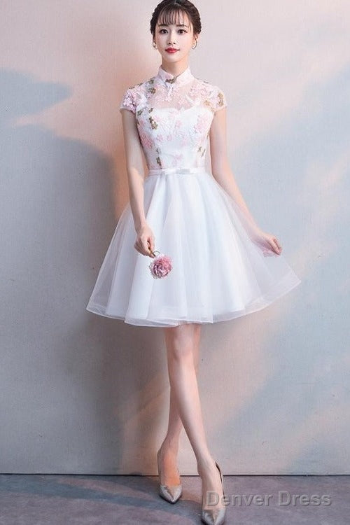 White Lace And Tulle High Neckline Short Graduation Dresses, Lovely White Short Party Dresses Main image