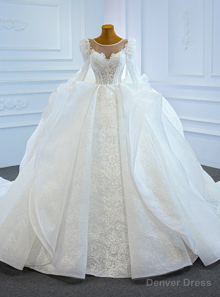 White Lace Ball Gowns Long Sleeve Beading Wedding Dresses