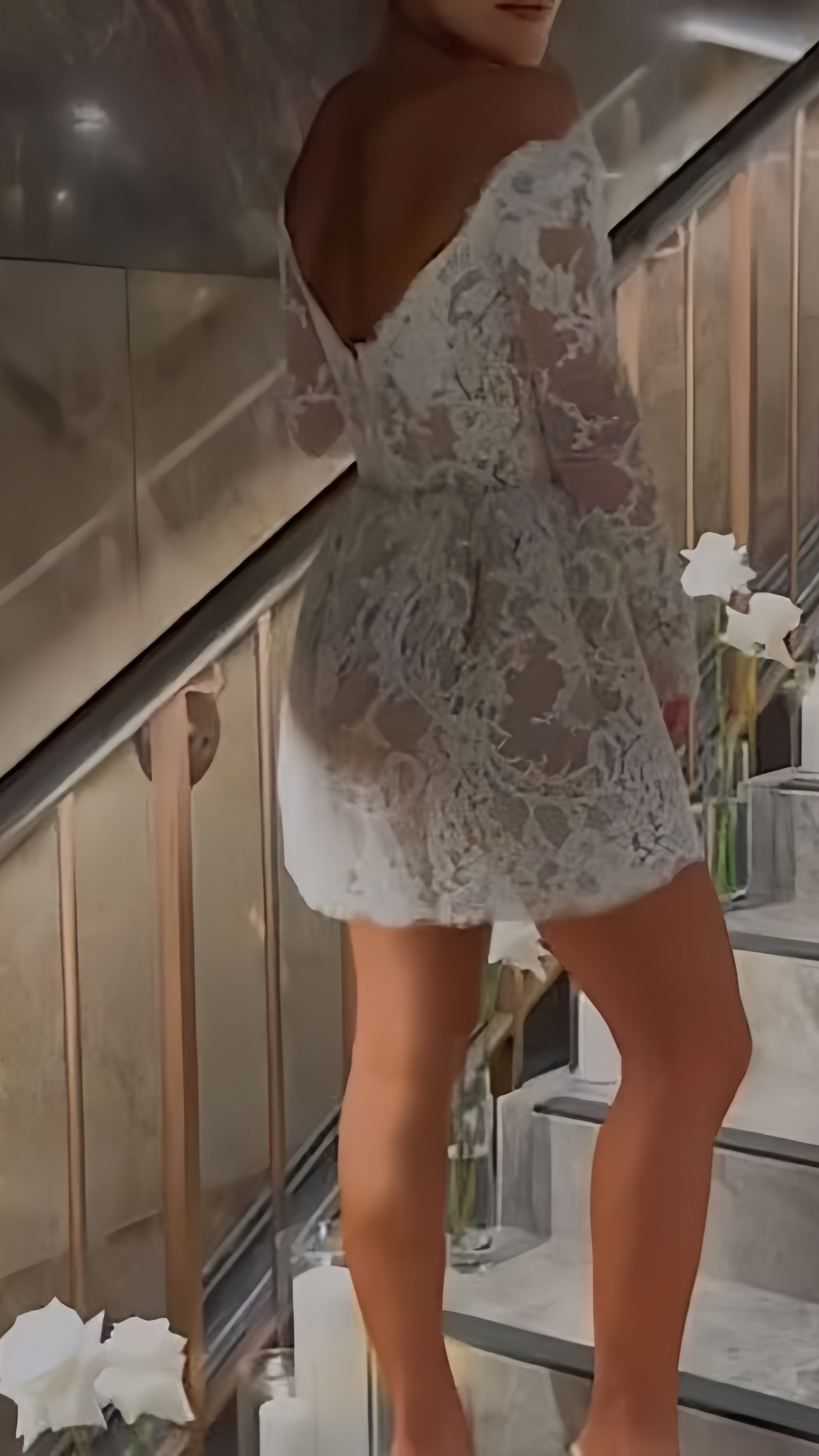 White Lace Bridal Dresses, Long Sleeves Mini Wedding Gowns,