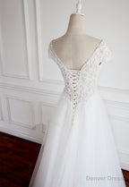 White Lace Cap Sleeves Tulle Floor Length Prom Dress, A Line White Wedding Dresses