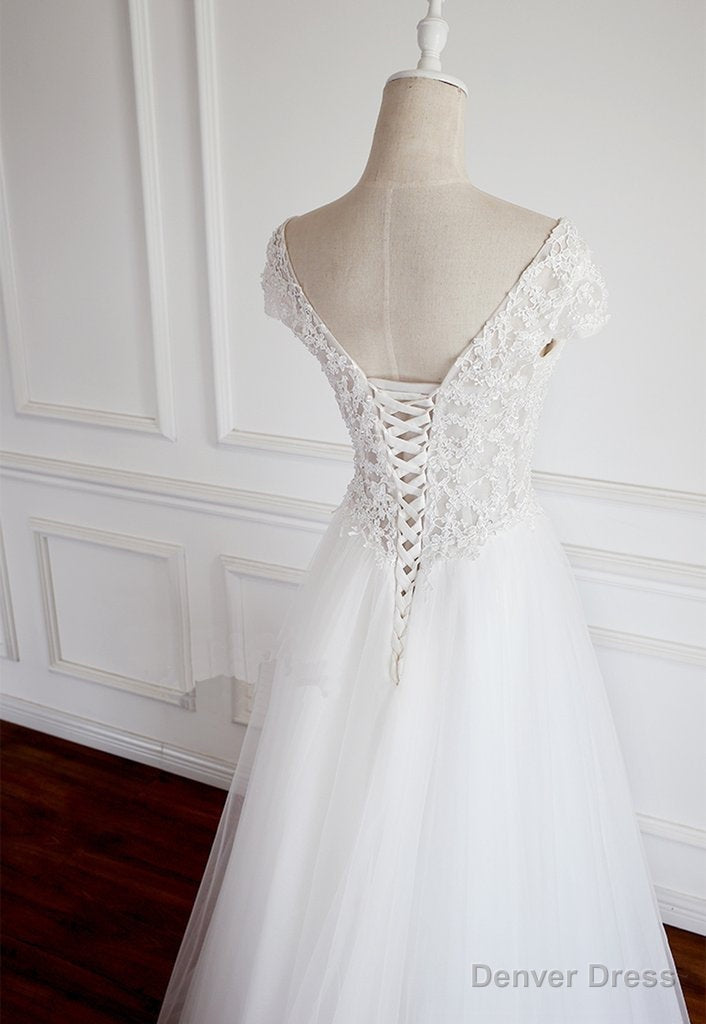 White Lace Cap Sleeves Tulle Floor Length Prom Dress, A Line White Wedding Dresses