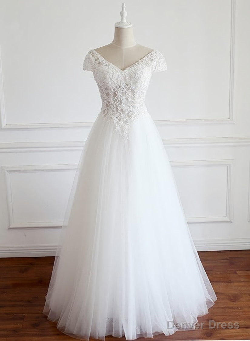 White Lace Cap Sleeves Tulle Floor Length Prom Dress, A Line White Wedding Dresses Secondary image