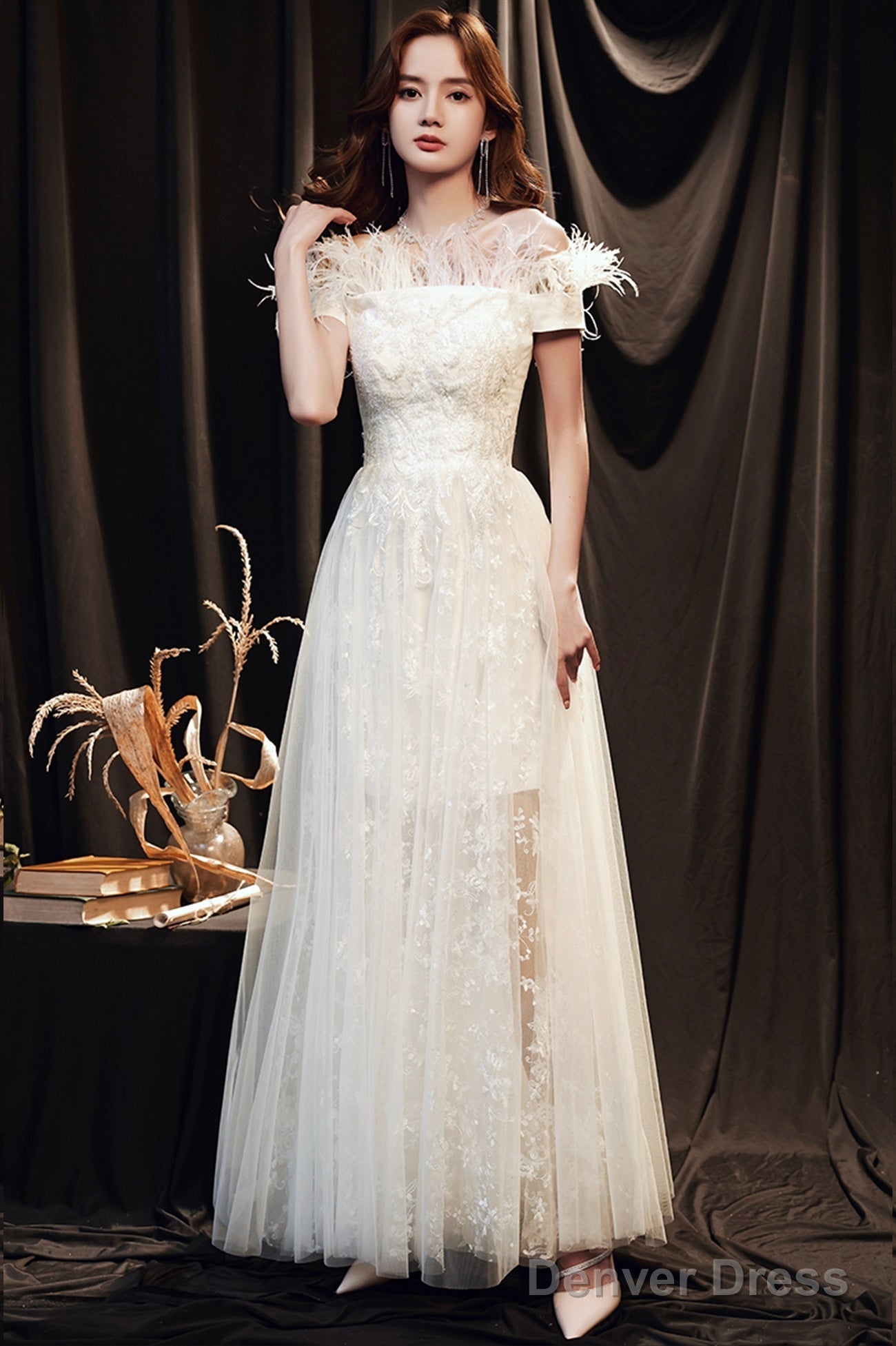 White Lace Long A-Line Prom Dress With Feather, Off The Shoulder Evening Dress Secondary image