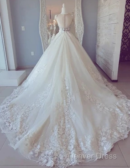 White Lace Long Sleeve Ball Gown Prom Dresses Wedding Dresses Secondary image