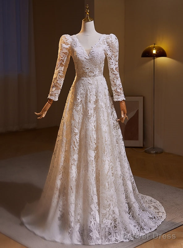 White Lace Long Sleeve V Neck Wedding Dresses