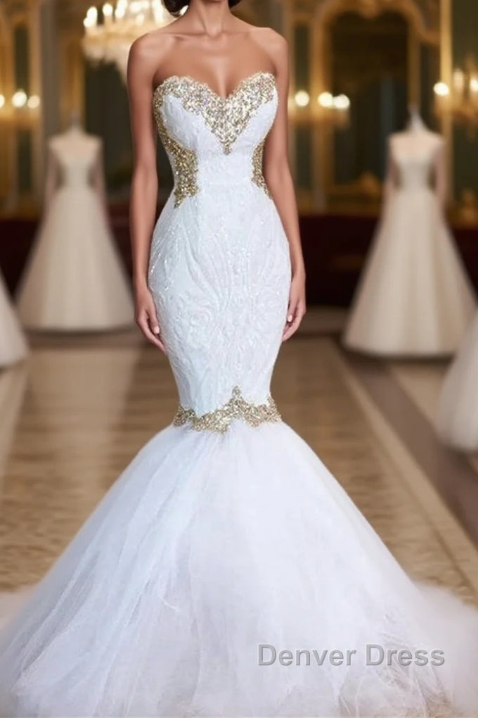 White Lace Mermaid Sweetheart Simple Wedding Dresses for Sale