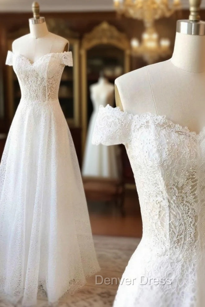 White Lace Off Shoulder Long Prom Dresses White Lace Evening Dresses Main image