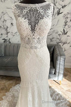White Lace Open Back Mermaid Long Wedding Dresses Beautiful