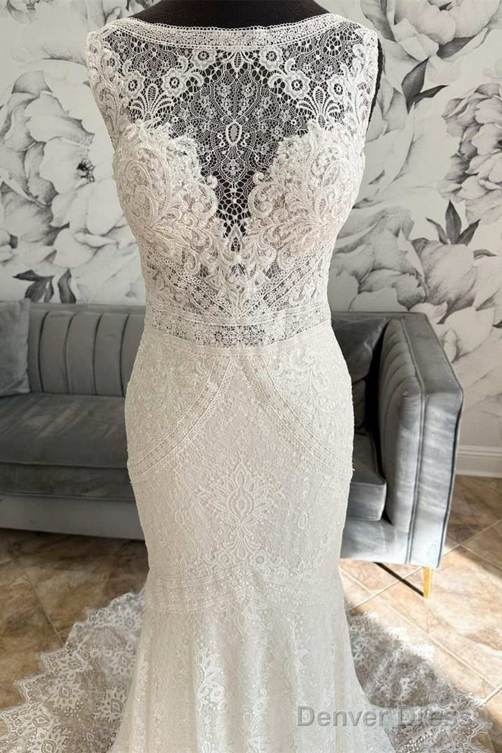 White Lace Open Back Mermaid Long Wedding Dresses Beautiful