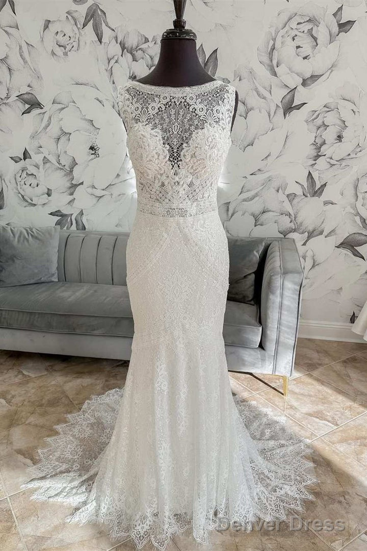 White Lace Open Back Mermaid Long Wedding Dresses Beautiful Main image