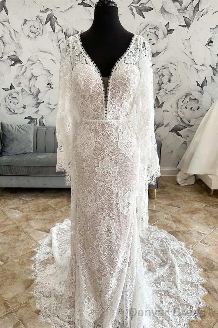 White Lace Plunge V Mermaid Long Wedding Dresses With Bell Sleeves Sexy