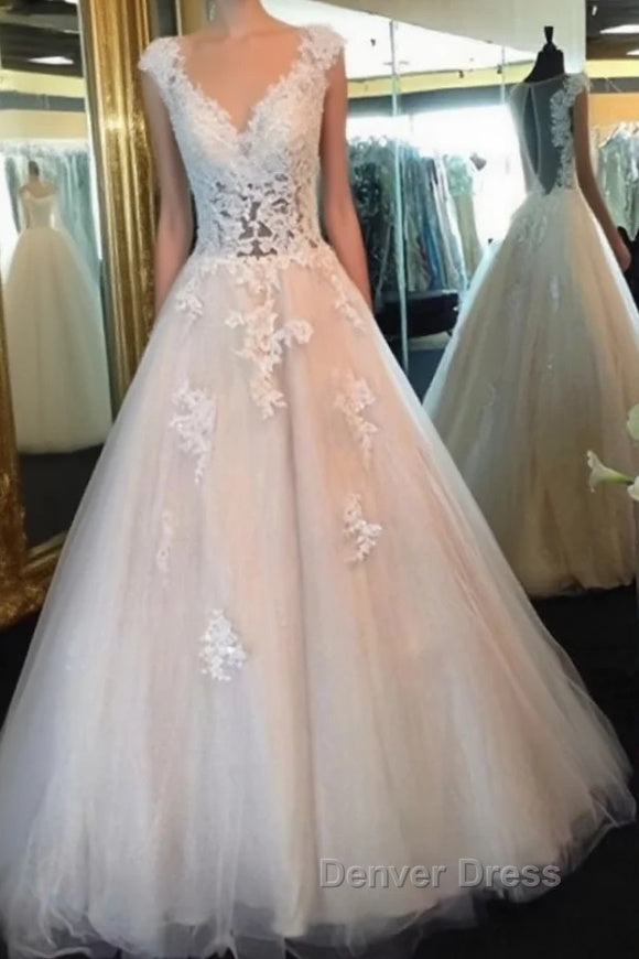 White Lace Prom Gowns, A Line Tulle See Through Prom Dress Main image