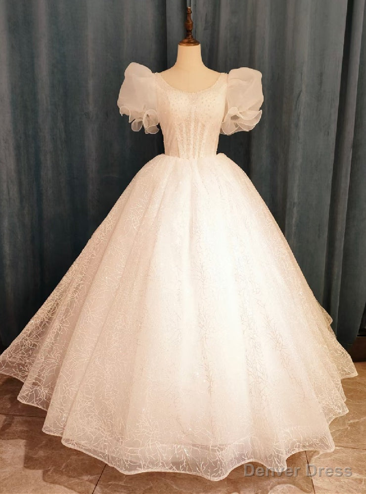 White Lace Puff Sleeve Pearls Wedding Dresses