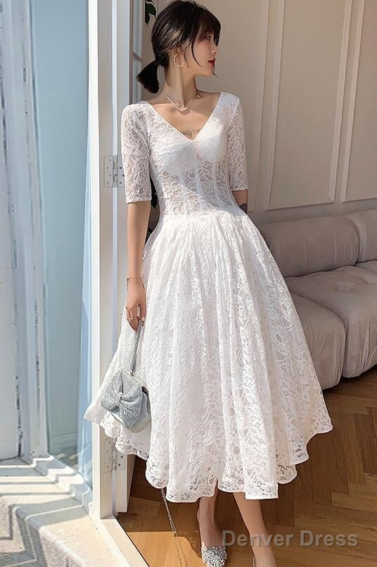 White Lace Short Sleeves Tea Length Wedding Prom Dress, White Graduation Dresses Secondary image