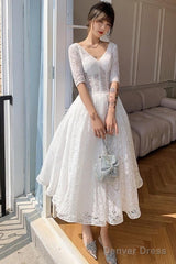 White Lace Short Sleeves Tea Length Wedding Party Dress, White Graduation Dresses
