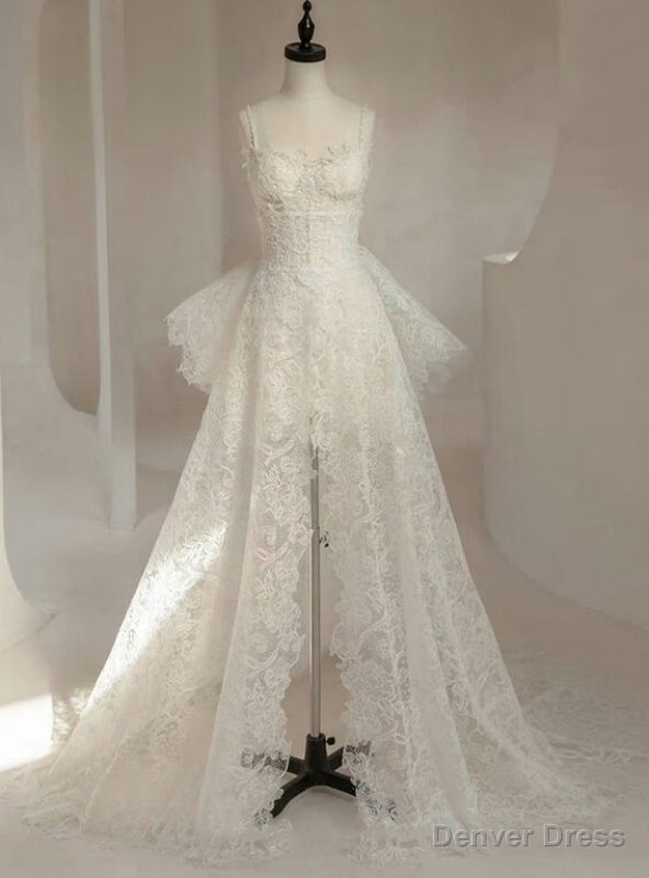 White Lace Spaghetti Straps Wedding Dresses With Detachable Train Main image