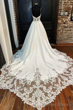 White Lace Sweetheart Backless A Line Wedding Dresses Long